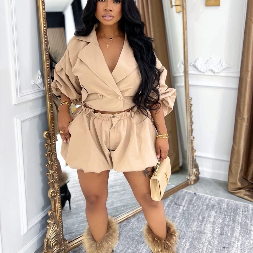 Beige Two-Piece Cropped Blazer & Shorts Set